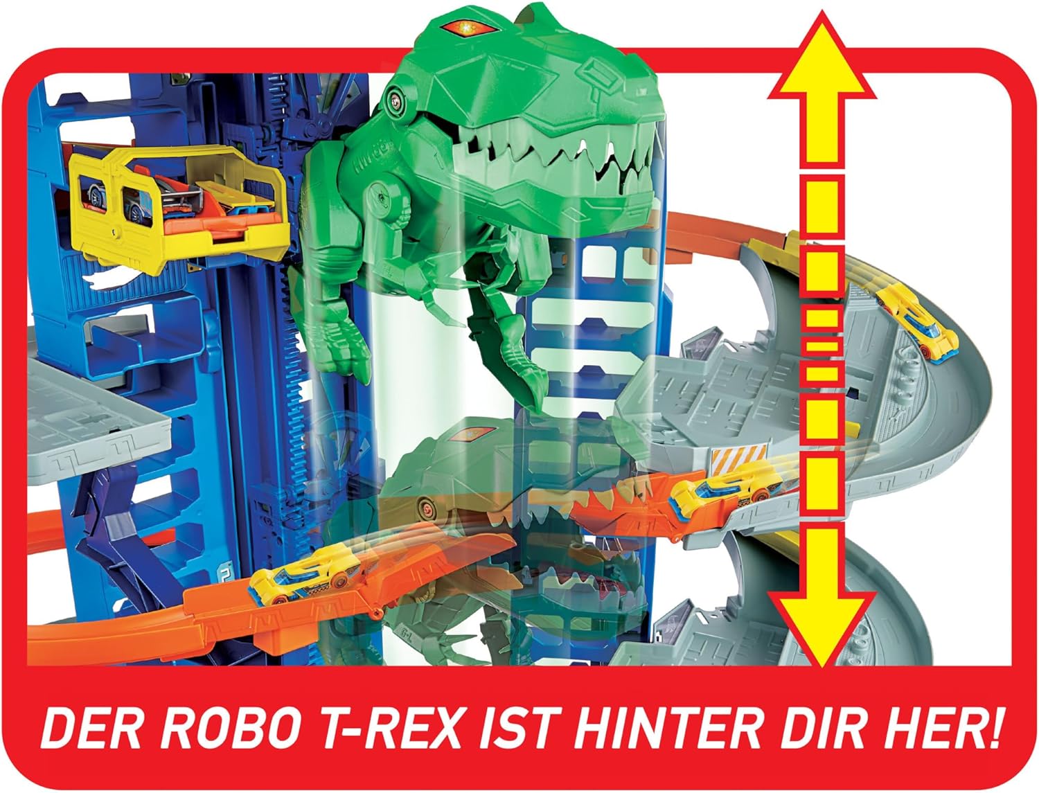 Hot Wheels Garage, Hot Wheels Parkgarage inkl. 2 Spielzeugautos, mit mehrstöckiger Autorennbahn, T-Rex Angriff und Platz für +100 Autos, Höhe: 90cm, Auto Spielzeug, Spielzeug ab 5 Jahre, GJL14 thumbnail 4