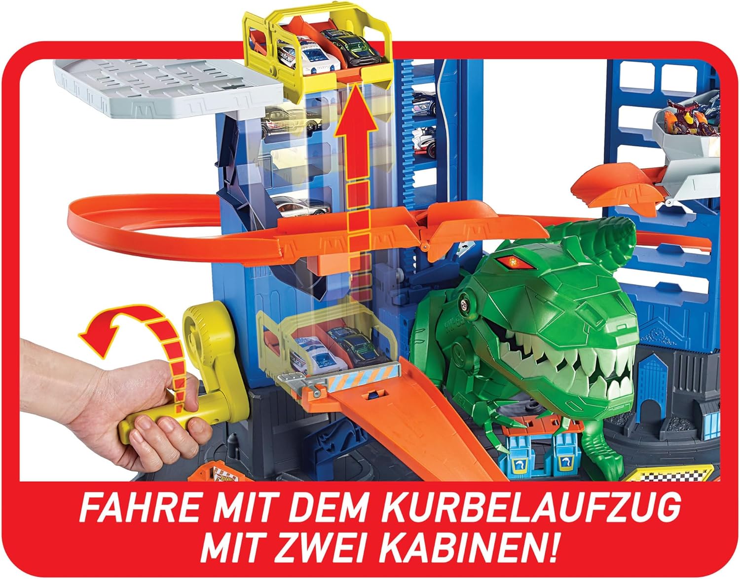 Hot Wheels Garage, Hot Wheels Parkgarage inkl. 2 Spielzeugautos, mit mehrstöckiger Autorennbahn, T-Rex Angriff und Platz für +100 Autos, Höhe: 90cm, Auto Spielzeug, Spielzeug ab 5 Jahre, GJL14 thumbnail 5