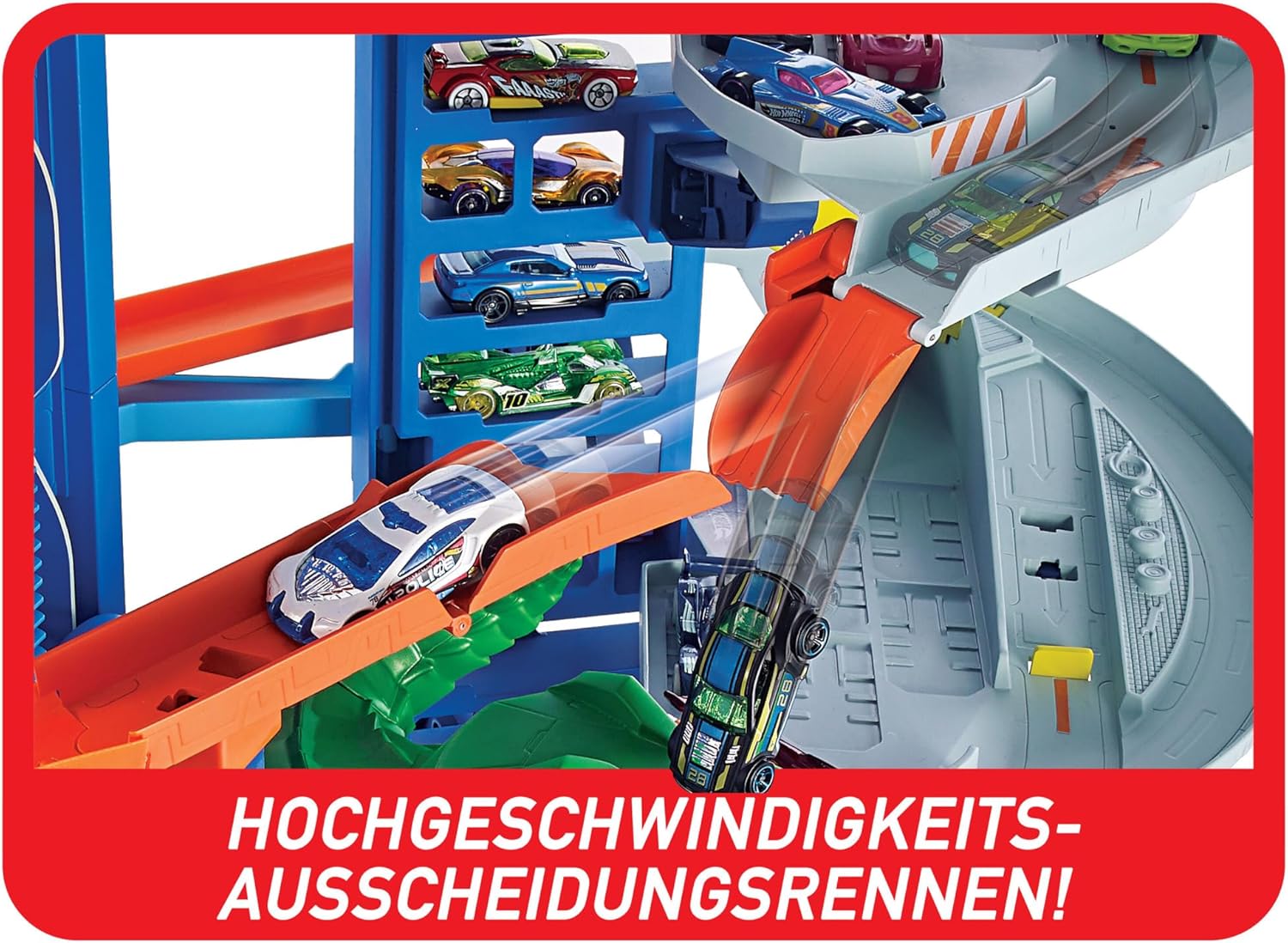 Hot Wheels Garage, Hot Wheels Parkgarage inkl. 2 Spielzeugautos, mit mehrstöckiger Autorennbahn, T-Rex Angriff und Platz für +100 Autos, Höhe: 90cm, Auto Spielzeug, Spielzeug ab 5 Jahre, GJL14 thumbnail 6